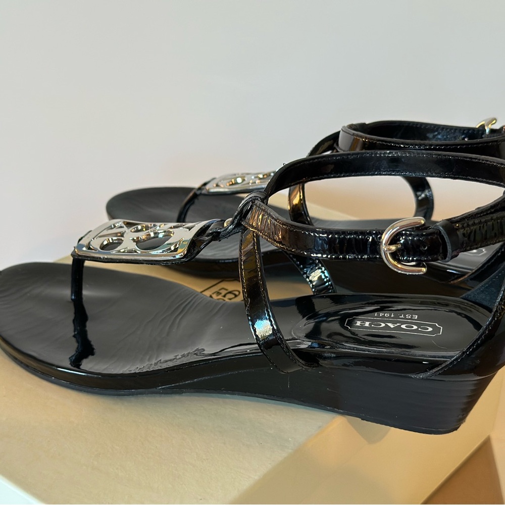 Coach Shiny Black Sandals with Silver Accents